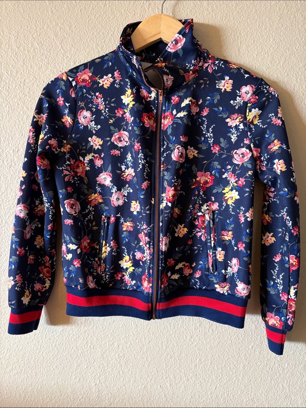 Floral Satin Bomber Jacket Womens Small Navy Zip Front Coquette Indie